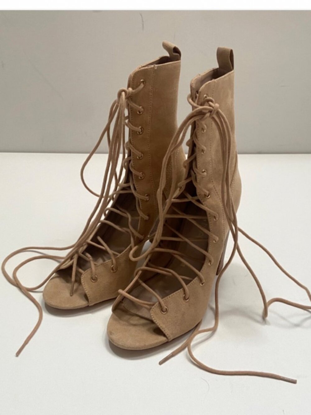 Liliana Suede Peep Toe Lace Tie Up Heels Beige Boot Shoe Size 7